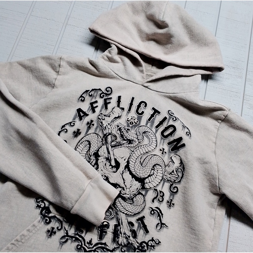 VTG Affliction Hoodie Sweater Mens Medium Beige Live Fast Dragon Y2K Heavy Thick